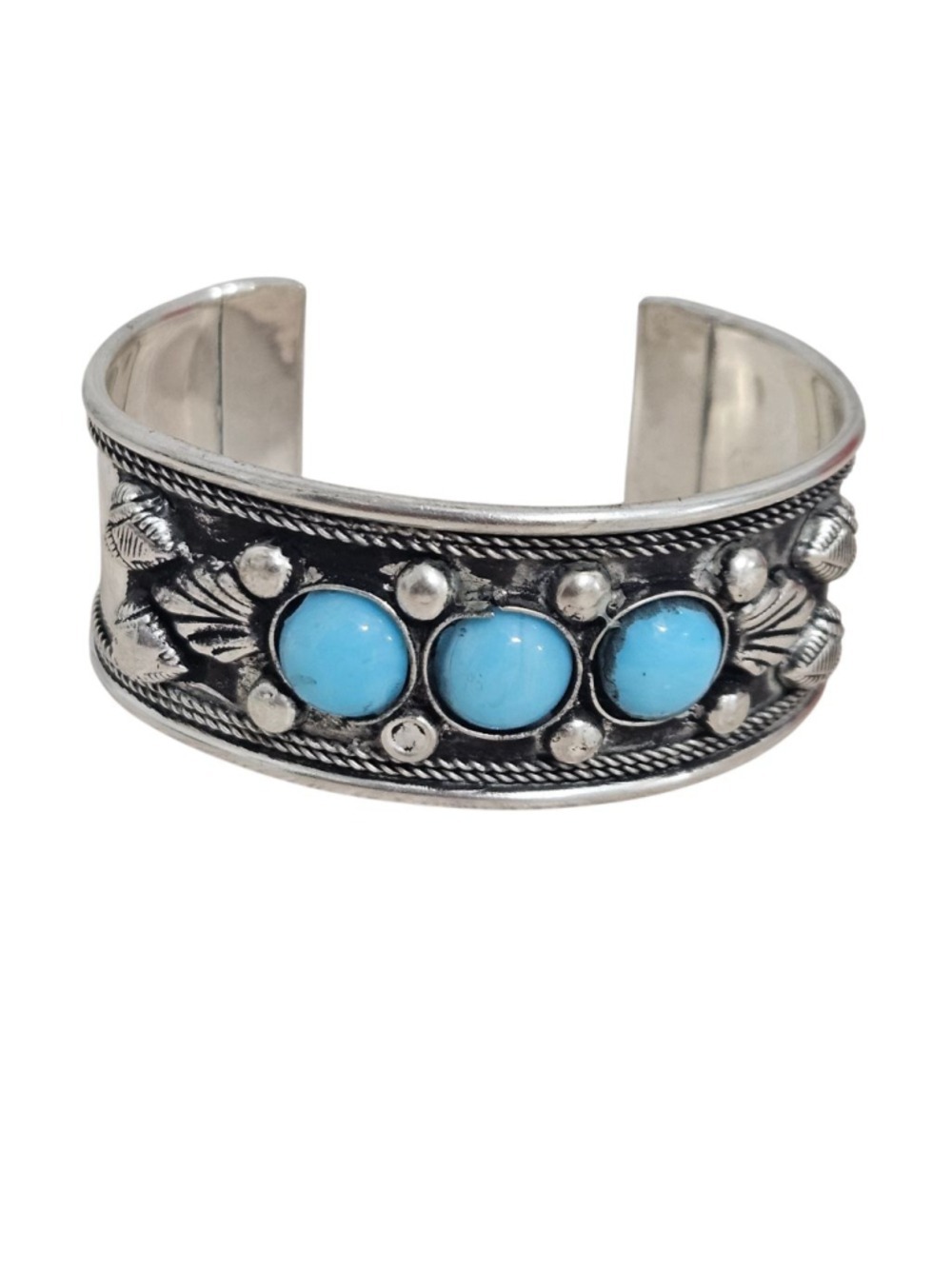 Vintage Turquoise Stone Silver Tone Cuff Bracelet